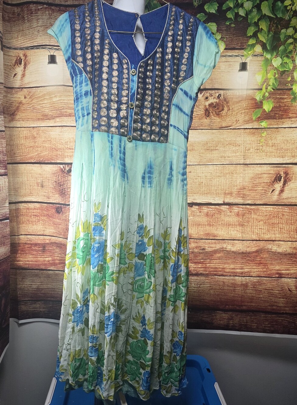 Embellished Blue & Green Floral Maxi Dress